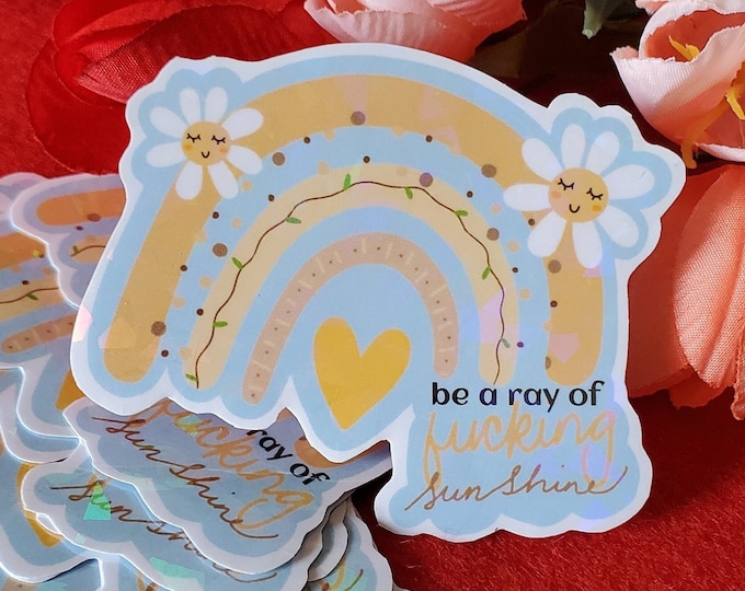 Be A Ray of Fucking Sunshine, Holographic Sticker, Rainbow Sticker, Daisies, Moods, Vibes, Water Bottle Sticker