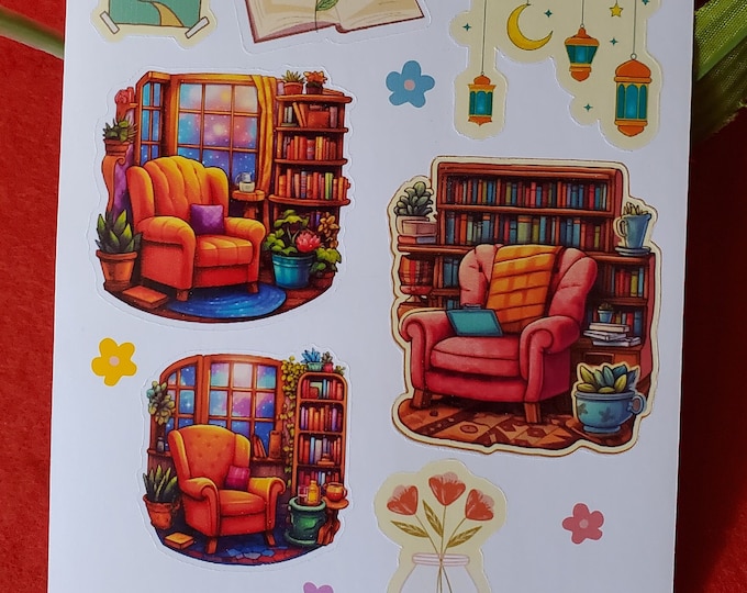 OOPSIES: Bookworm's Delight Sticker Sheet, Reading Nook, Reading Chair Stickers, Journaling Stickers, Planner Stickers