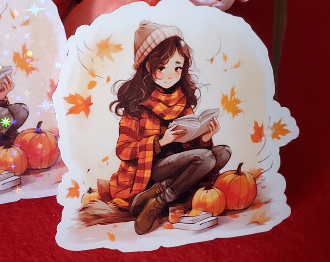 Autumn Reader Vinyl Sticker, Holographic Sticker, Fall Season, Hello Autumn, Bookish Sticker, Kindle Sticker, For Book Lovers