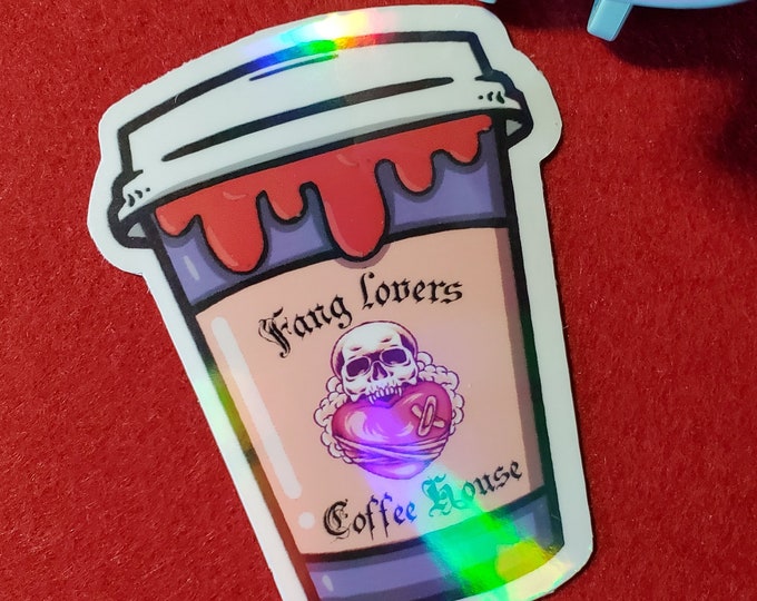 Fang Lovers Coffeehouse Iridescent Vinyl Sticker, Coffeehouse Sticker, Vampire Lovers, Bookish Merch, Kindle Sticker