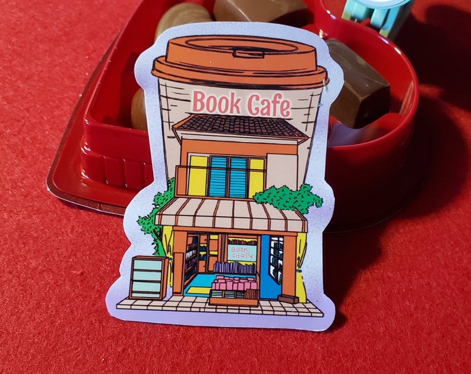 Book Cafe Vinyl Sticker, Bookshop Sticker, Cafe for Books, Bibliophile Hot Spot, Bookish Sticker, Kindle Sticker, Coffee Lover