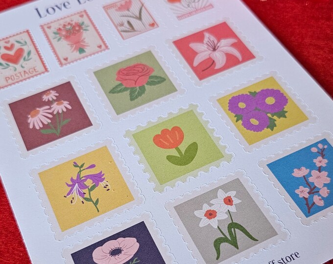 Love Letters Postage Style Sticker Sheet, Spring Flowers, Summer Florals, Planner Sticker Sheet, Bujo Stickers, Bullet Journaling Stickers
