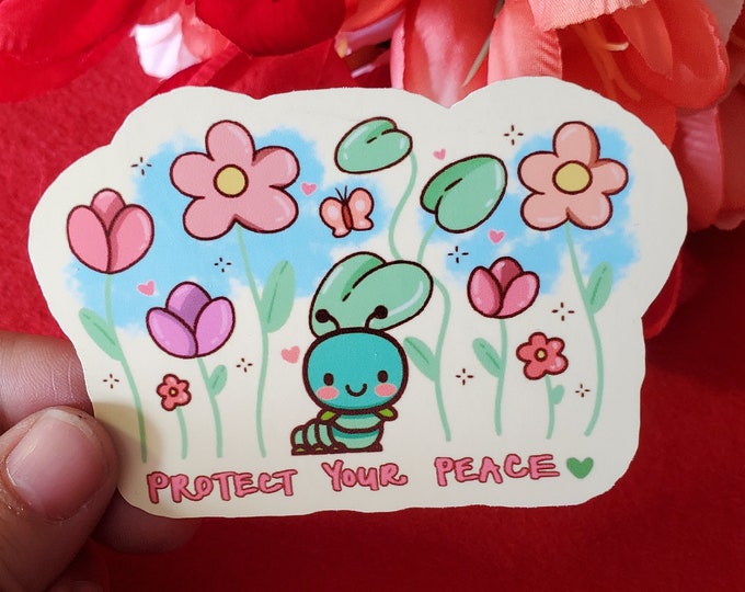 Protect Your Peace Bookworm Sticker, Vinyl Sticker, Cute Bug, Pretty Flowers, Positive Vibes, Self-Care Sticker, Water Bottle Sticker