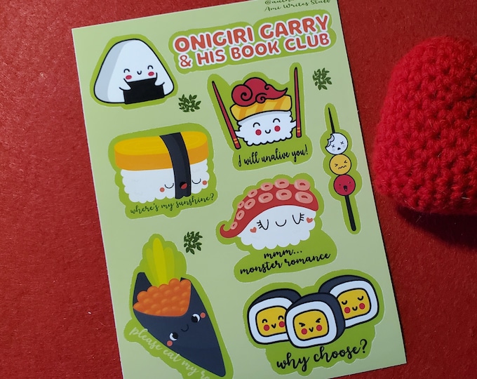 Onigiri Garry & His Book Club Vinyl Sticker Sheet, Sushi Sticker Sheet, Romance Sticker Sheet, Bookish Sticker Sheet