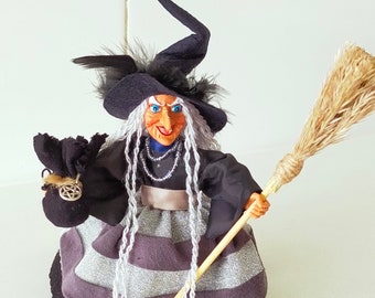 Kitchen Witch Doll, Protection Mojo Bag, Enchanter Good luck witch Protection Portuguese Vintage OOAK design  Witch Broom