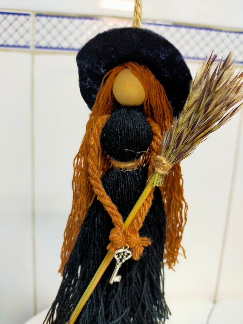 Kitchen Witch Wizard Handmade Witch Protection Luck Witch Broom, Vintage Design New Home Gift Housewarming, Boho nursery decor, Macrame Doll image 3