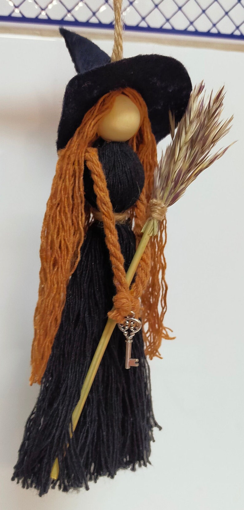 Kitchen Witch Wizard Handmade Witch Protection Luck Witch Broom, Vintage Design New Home Gift Housewarming, Boho nursery decor, Macrame Doll image 4