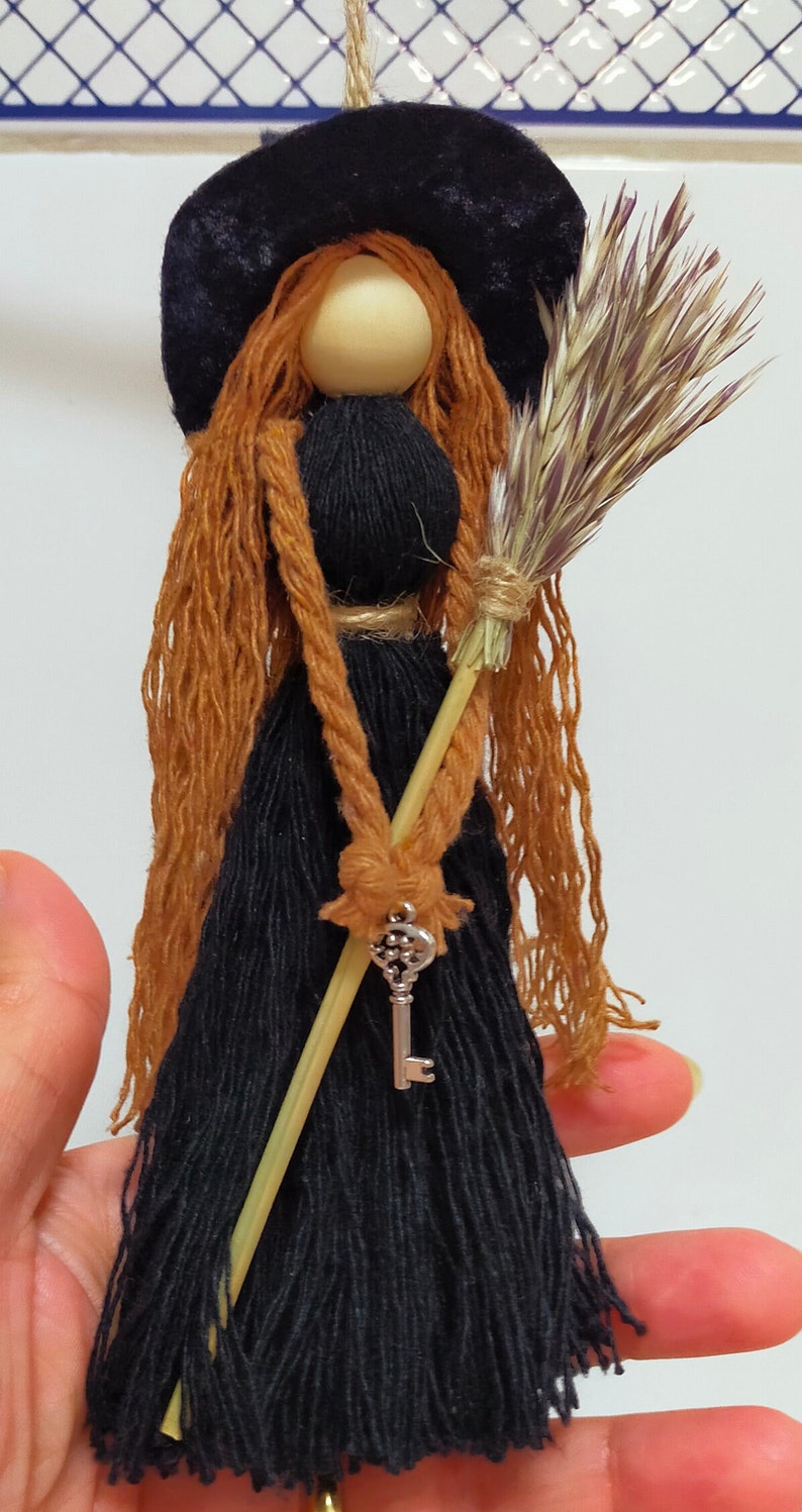 Kitchen Witch Wizard Handmade Witch Protection Luck Witch Broom, Vintage Design New Home Gift Housewarming, Boho nursery decor, Macrame Doll image 5