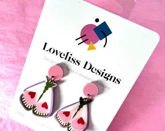 Illustrated Resin and Vinyl Dangle Earrings - Pink Moth