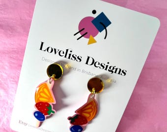 Illustrated Resin and Vinyl Dangle Earrings - Fruit Salad