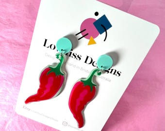 Illustrated Resin and Vinyl Dangle Earrings - Spicy Chilli