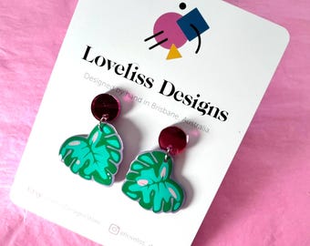 Illustrated Resin and Vinyl Dangle Earrings - Monstera plant Leaf