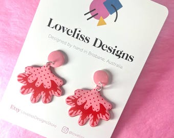 Illustrated Resin and Vinyl Dangle Earrings - Red Pink Fandangles