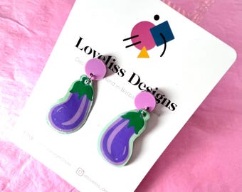 Illustrated Resin and Vinyl Dangle Earrings - Eggplant