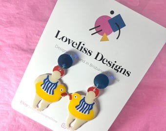 Illustrated Resin and Vinyl Dangle Earrings - Swimming Summer Ladies