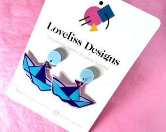 Illustrated Resin and Vinyl Dangle Earrings - Paper Boats