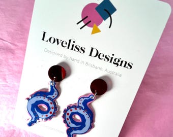 Illustrated Resin and Vinyl Dangle Earrings - Blue Octopus Tentacle