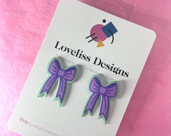 Illustrated Resin and Vinyl Dangle Earrings - Purple Bows