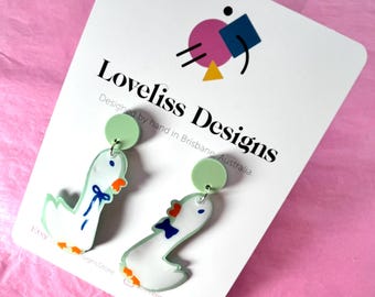 Illustrated Resin and Vinyl Dangle Earrings - Silly Geese couple