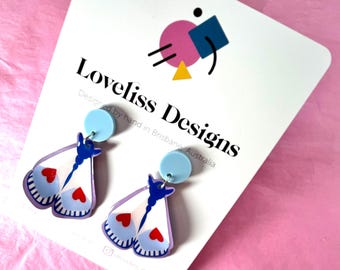 Illustrated Resin and Vinyl Dangle Earrings - Blue Moth