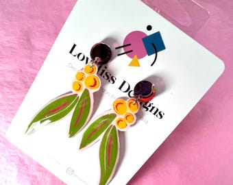 Illustrated Resin and Vinyl Dangle Earrings - Gumnut Wattle