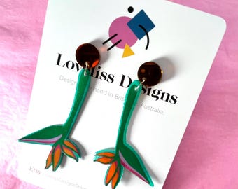 Illustrated Resin and Vinyl Dangle Earrings - Bird of Paradise
