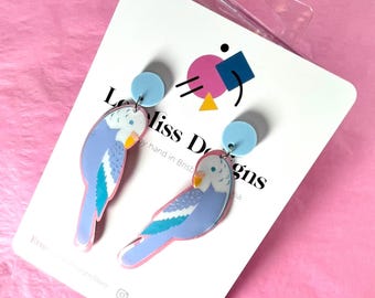 Illustrated Resin and Vinyl Dangle Earrings - Blue Budgie