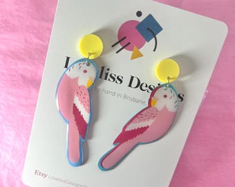 Illustrated Resin and Vinyl Dangle Earrings - Pink Budgie