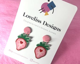 Illustrated Resin and Vinyl Dangle Earrings - Sweet Strawberry