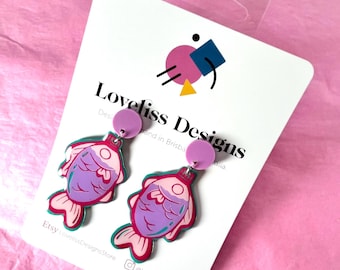 Illustrated Resin and Vinyl Dangle Earrings - Soy Fish