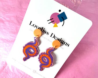 Illustrated Resin and Vinyl Dangle Earrings - Orange Octopus Tentacle