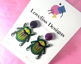 Illustrated Resin and Vinyl Dangle Earrings - Christmas Beetle
