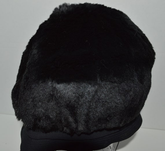 Vintage 1960's black shearling pillbox hat with B… - image 2