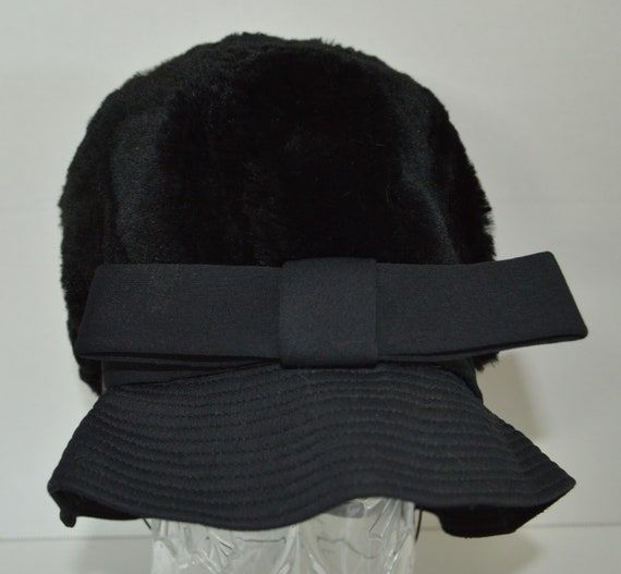 Vintage 1960's black shearling pillbox hat with B… - image 1
