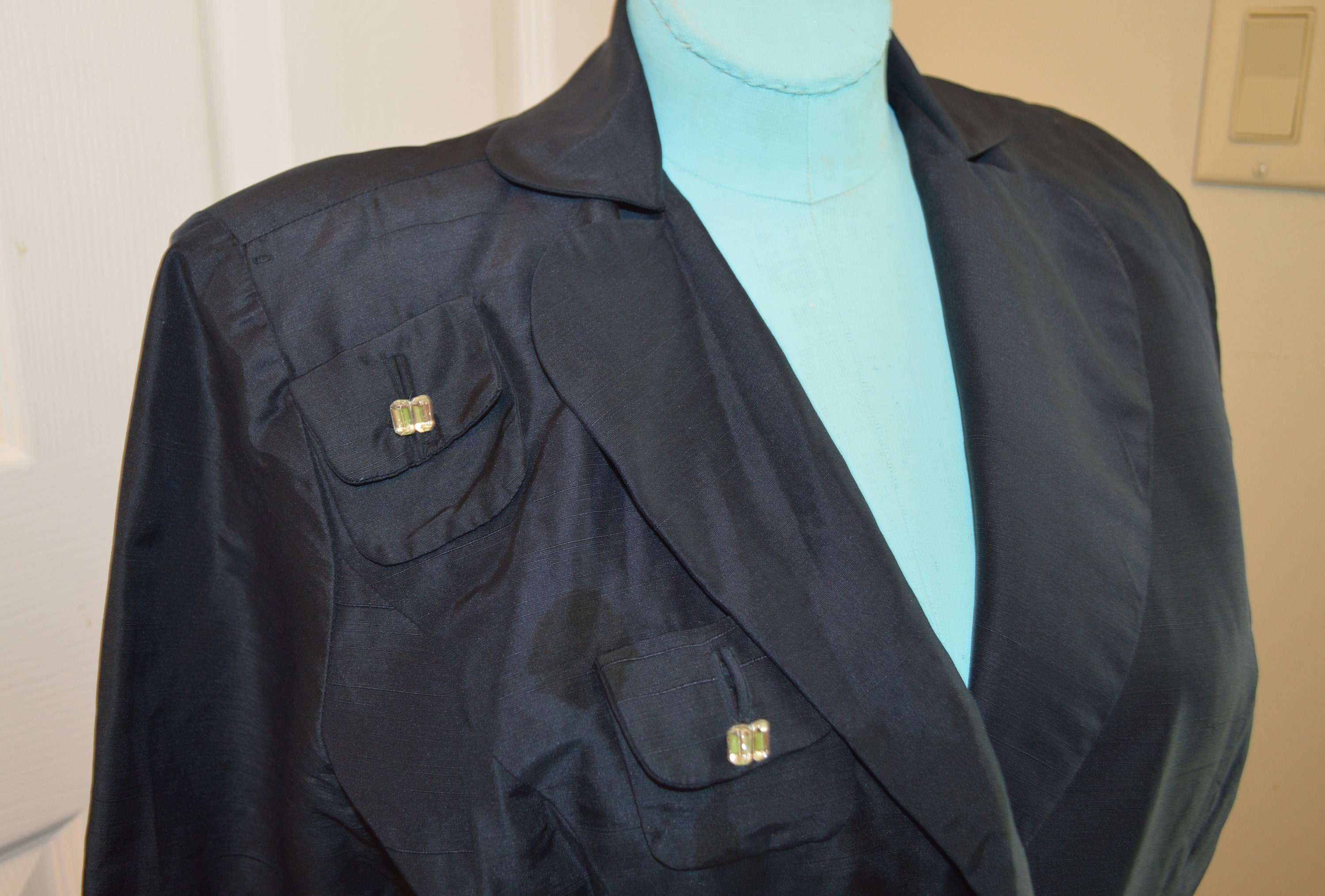Vintage 1950's Navy Blue Silk (?) Jacket W/rhinestone