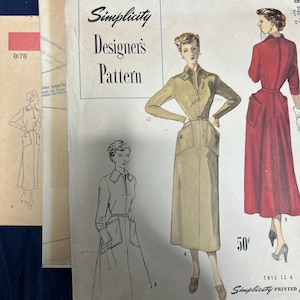 May include: Vintage Simplicity Designer's Pattern sewing pattern for a dress. The pattern is for size 8/18 bust 31 1/2 inches. The pattern shows two different styles of dresses, one with a brown dress and the other with a red dress. The pattern is priced at 50 cents.