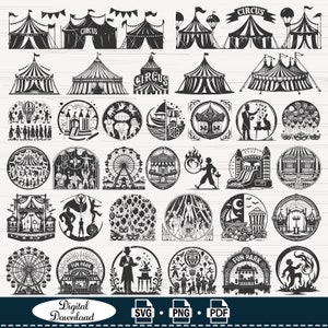 Circus SVG-bestand knippen voor Cricut, #1, carnaval illustraties, dieren, grappenmakers, circustent gesneden bestanden voor silhouet, circusset, pdf, png, vector,