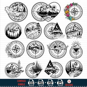 Compass Landscape SVG Bundle: Mountain Tattoo Clipart (Digital Files)