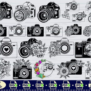 May include: A digital download of 16 black and white camera illustrations. The cameras are decorated with flowers, hearts, and mountain scenes. The illustrations are perfect for crafting projects, scrapbooking, and digital design.