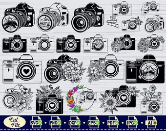 May include: A digital download of 16 black and white camera illustrations. The cameras are decorated with flowers, hearts, and mountain scenes. The illustrations are perfect for crafting projects, scrapbooking, and digital design.