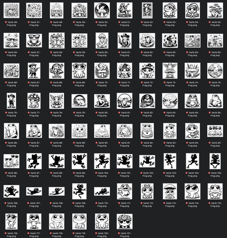 Puede incluir: Una colecci&oacute;n de 120 ilustraciones de ranas en blanco y negro. Las ranas se representan en varias poses y con diferentes accesorios, como gafas de sol, sombreros y flores.