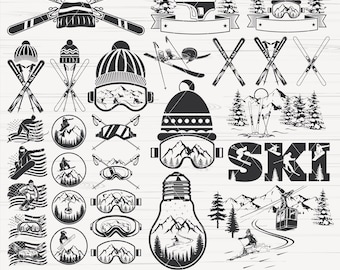 Skidåkning SVG-klippfiler: Skidhjälm, skyddsglasögon, pjäxor (digital nedladdning)