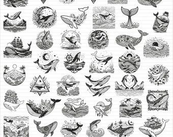 Lot de baleines SVG : motifs floraux, monde marin, champignons (fichiers numériques)