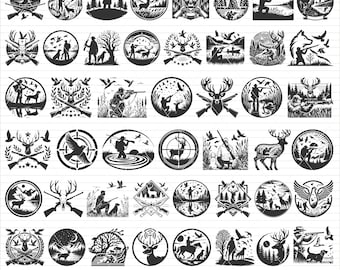 Può includere: Un set di 46 design a tema caccia in formato SVG, PNG e PDF in bianco e nero. I design presentano cervi, uccelli, fucili e altre immagini legate alla caccia.