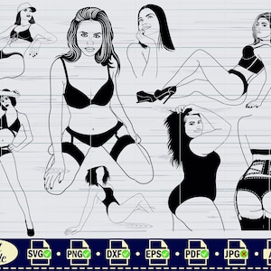 Pode incluir: Uma ilustra&ccedil;&atilde;o digital de seis mulheres em v&aacute;rias poses usando lingerie e meias. As mulheres s&atilde;o todas desenhadas em um estilo preto e branco.