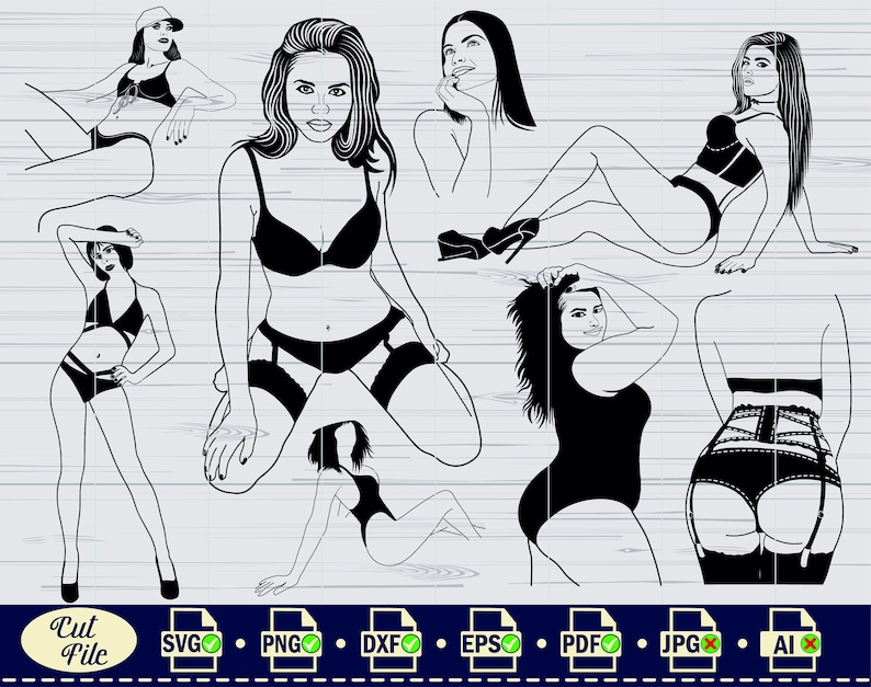 Pode incluir: Uma ilustra&ccedil;&atilde;o digital de seis mulheres em v&aacute;rias poses usando lingerie e meias. As mulheres s&atilde;o todas desenhadas em um estilo preto e branco.