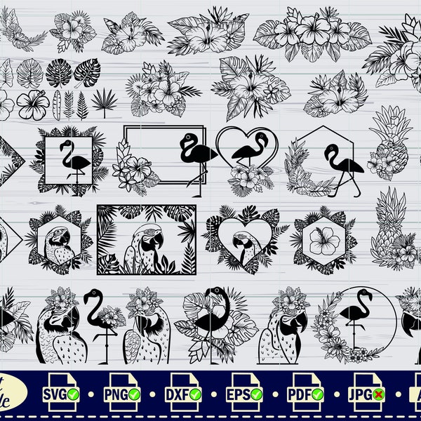 Tropical Bundle SVG, Tropical Flowers svg, Cut File, Hibiscus, Tropical Leaves, Flamingo, Parrot, Toucan, Floral Pineapple, Summer, Cockatoo