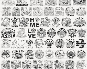 May include: A collection of 36 black and white illustrations featuring sea turtles. The illustrations include various designs and sayings, such as "Save the Sea Turtles", "Just a Girl Who Loves Sea Turtles", "Peace Love Turtle", and "Turtley Awesome".