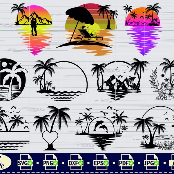 Palm tree svg,#2, Palm SVG, Palm Tree Vector file, Sunset svg, Cut File, Tropical tree Silhouettes, Palm Clipart, Surfer Svg, Beach Svg, Dxf