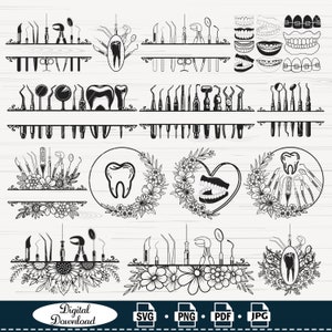 Outils dentiste svg, monogramme floral clinique dentaire, fichier de coupe dentiste, équipement médical png, clipart fournitures de soin des dents, orthodontiste jpg
